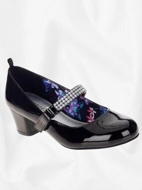 Little Girls Black Mary Jane Dress Heels (George) - Rhinestone Strap | Size 9